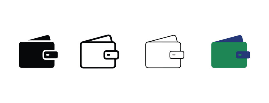 wallet icons in various styles and colors on white background
