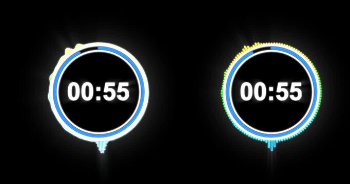 One Minute Countdown Timer. Digital Neon Circle Stopwatch Countdown. 60 Second Timer Animation From 60 To 0. Seamless 4K Loop For Sports Events, Broadcast Overlays, Streaming, And Presentations.