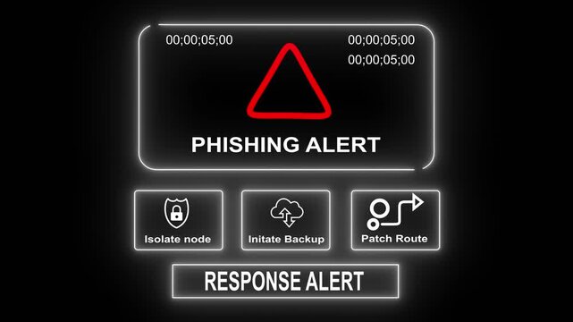Phishing Alert response notification on digital interface in data center server room with isolate node initiate backup patch route options. glowing neon lights cybersecurity hacking Warning