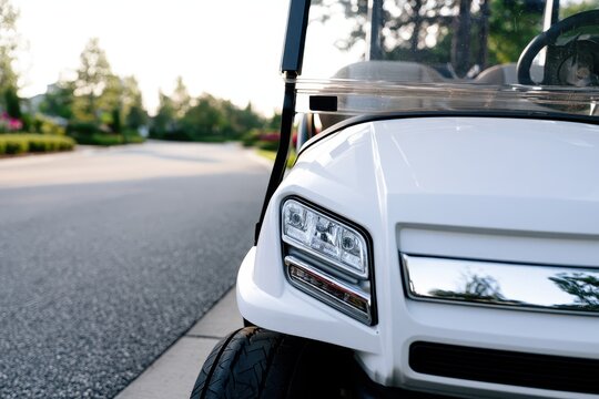 Calm roadside moment: white golf cart parked along a residential street in natural light