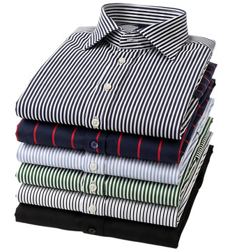 A neat stack of folded colorful striped cotton dress shirts for men on display