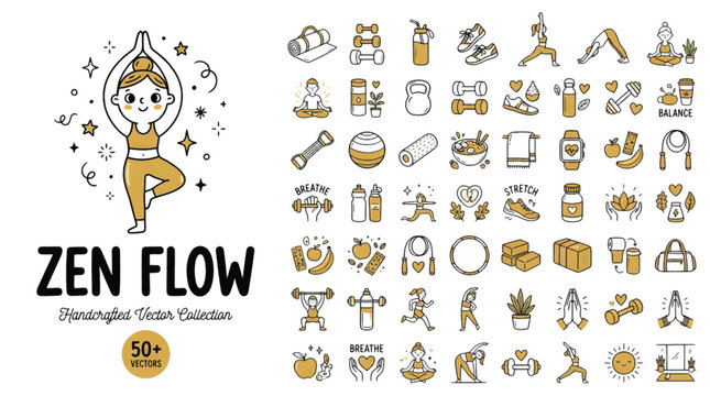 Yoga icons set, meditation symbols, zen flow stickers