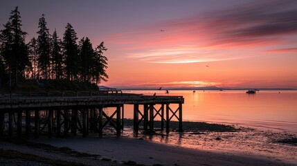 Obraz premium Serene Whidbey Island Dusk: Warm Light, Pink Clouds, and Quiet Coastal Silhouette
