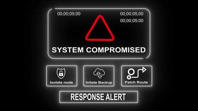 System Compromised response notification on digital interface in data center server room with isolate node initiate backup patch route options. glowing neon lights cybersecurity hacking Warning