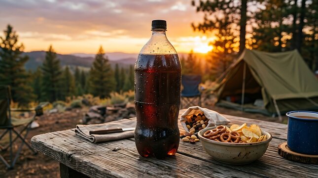 Bottle of soda with bowl of snacks on a wooden table at sunset during a camping trip in the forest. 2 liter soda