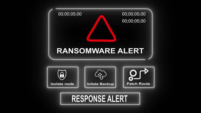 Ransomware Alert response notification on digital interface in data center server room with isolate node initiate backup patch route options. glowing neon lights cybersecurity hacking Warning
