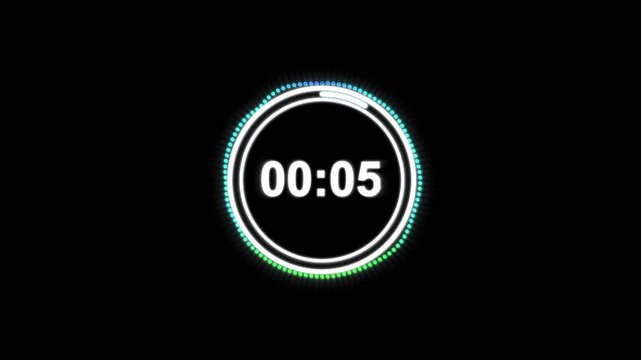 One Minute Countdown Timer. 60 Seconds Sport Stopwatch Neon Circle Timer Countdown. Seamless 4K Animation With Digital Stopwatch From 60 To 0. Perfect For Sports, Fitness, Broadcast, Stream Video.