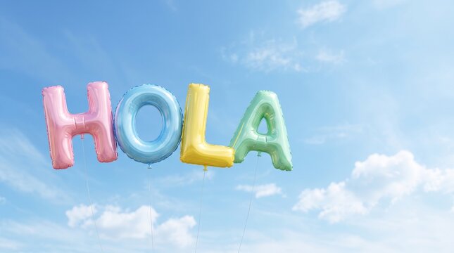 Colorful pastel foil balloons spelling hola against blue sky