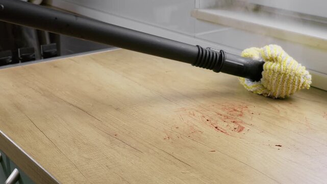 Steam Cleaning Kitchen Countertop With High Pressure Vapor Device Capturing Hygiene Household Maintenance