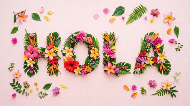 Beautiful tropical flowers and leaves spelling out hola