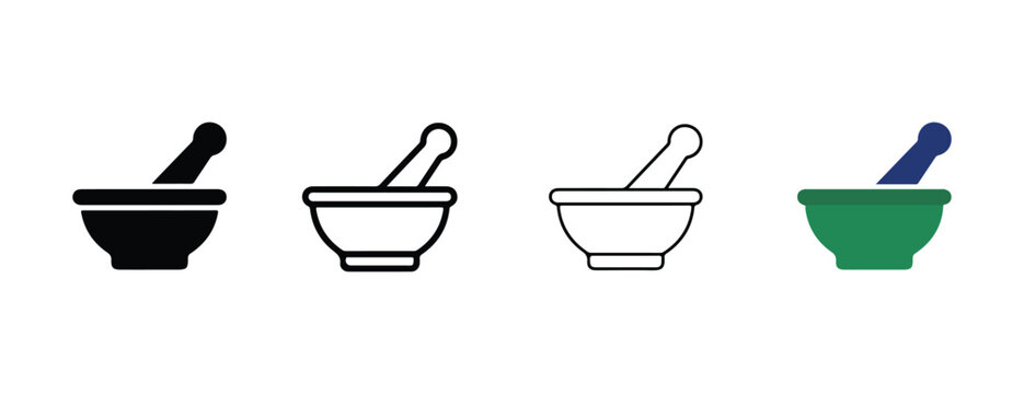 mortar and pestle icons in different styles and colors for cooking and pharmacy  kitchen utensils for mixing and grinding