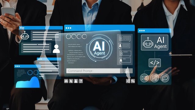 Futuristic Business Team Collaborating with Artificial Intelligence Technology, Working on Innovative Solutions and Strategies in Modern Office Environment. Entropy.