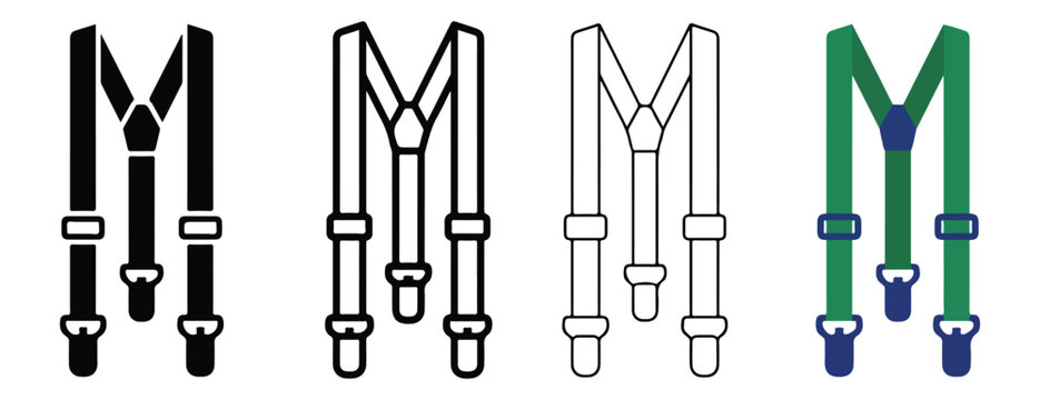  pairs of colorful suspenders with buckles and clips on a white background for fashion and clothing accessories