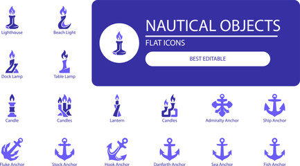 Marine symbols icon set. Silhouette vector illustration of anchors and candles for web design. © MstSarmin