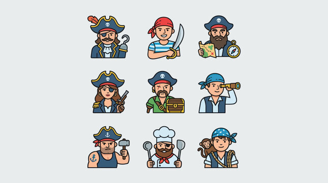 Diverse pirate character icons