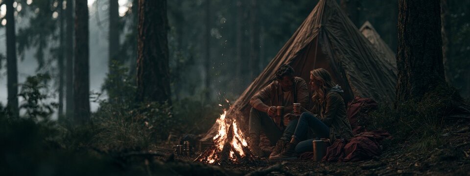 Cozy Campfire Moments with Friends Enjoying Fresh Coffee Beside a Tent in a Serene Forest Setting