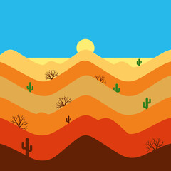 Fototapeta premium Minimalist Abstract Desert Landscape Illustration with Layered Dunes and Cacti