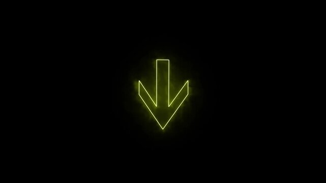 glowing neon yellow down arrow animation abstract, concept, motion, laser, navigation, 4k video.