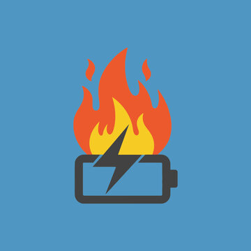 Overheating battery icon with fire and lightning bolt vector