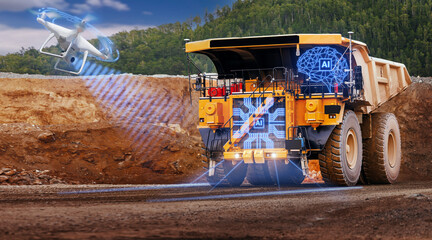Autonomous dump truck with artificial intelligence autopilot, drone scanning and ai overlay for mining operations background and industrial monitoring on open pit mine © Parilov