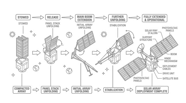 Satellite Solar Array Deployment Sequence Diagram - From Stowed to Fully Extended
