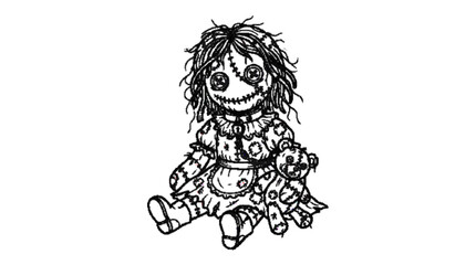 Obraz premium Cursed doll. Modern premium black outline vector style, pure black strokes, no fills, no gradients, no texture, crisp edges, balanced spacing, isolated on pure white background, professional Adobe Sto
