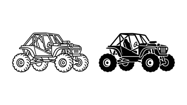 Off-road Buggy Set: A collection of off-road buggy illustrations, presented in both line art and silhouette styles, showcasing powerful vehicles designed for rugged terrain.