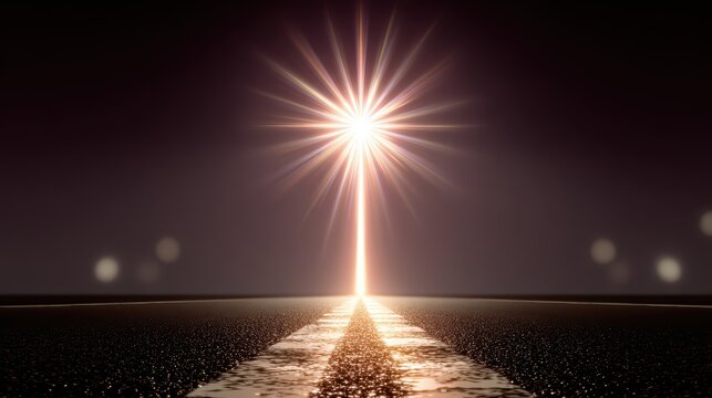 Pathway to Enlightenment: A radiant beacon of light emanates from a singular point, illuminating a path forward, symbolizing hope, spiritual awakening, and ultimate truth.