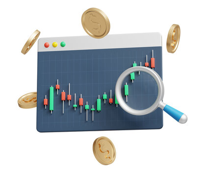 3d-online trading with graph. Browser with candlestick chart and flying coins. Business investment