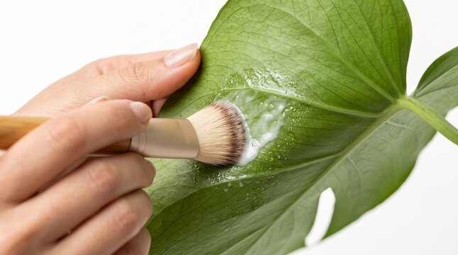 Hands using soft brush to clean large green houseplant leaf with liquid
