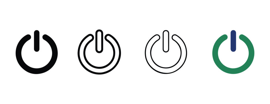 Power button icons in different colors and styles for electronic devices and user interface design  various power symbols for on off functionality