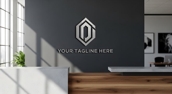 A metallic three dimensional logo sign displayed on a dark office wall with sharp lighting and a modern aesthetic style.