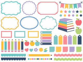 Fototapeta premium Set of colorful school and education themed vector elements with frames labels and stationery.