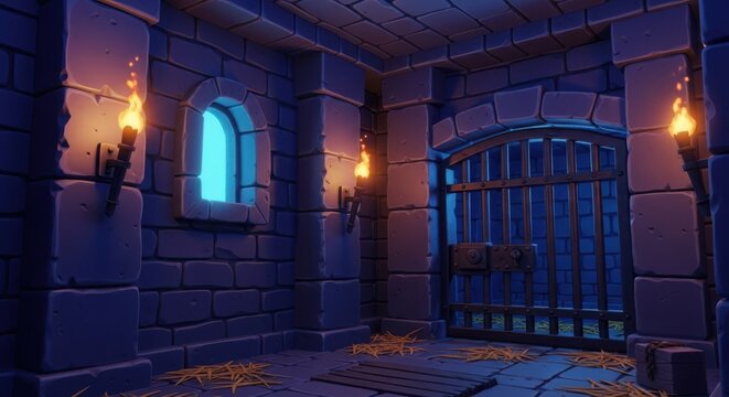 3d illustration of a medieval dungeon cell with stone walls, iron bars, and flickering wall torches