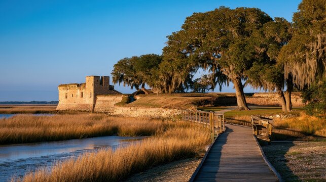 Historic Fort Frederica ruins on St. Simons Island, Georgia, at golden hour