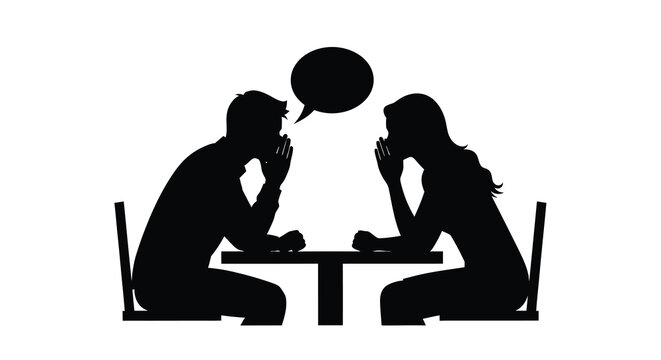 Two people at table with speech bubble black silhouette conversation dialogue couple man woman figure figures interaction communication talking chairs