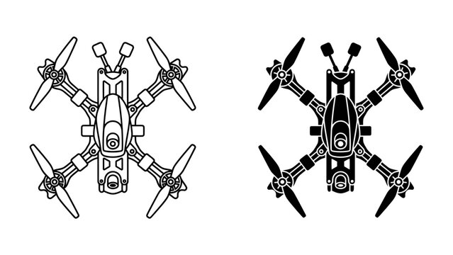 Quadrocopter Vector Graphics: A top-down view of a quadrocopter, presented in both a line art and a solid silhouette style, showcases the intricate design of the unmanned aerial vehicle.