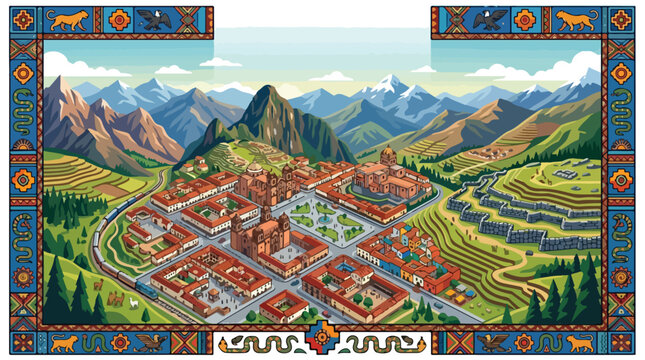 Cusco Peru vibrant vector illustration map of the historic city in the Sacred Valley, showcasing colonial architecture, terraced fields, and majestic Andean mountains, ideal for a travel poster.