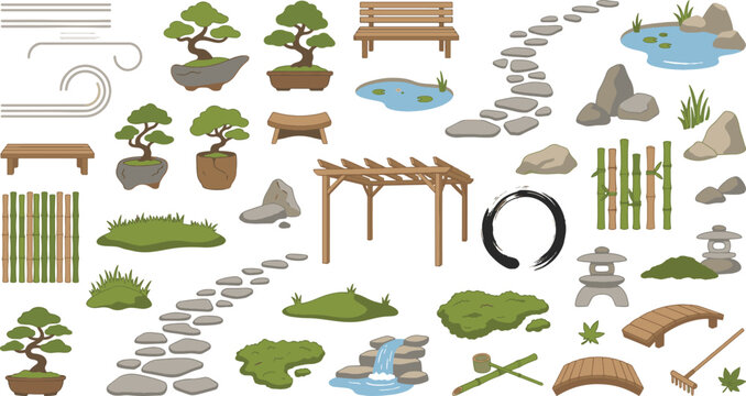 Japanese zen garden elements vector set with wooden pergola bonsai tree and stone pathway