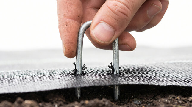Hand pushing a metal ground staple into black weed barrier fabric on soil
