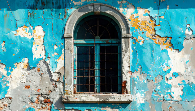 Close-up shot of a weathered wall with an arched window recessed into the wall, dark window frame, vibrant turquoise blue paint, heavily peeled paint, extensive cracks and distressed surface texture