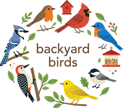 Backyard birds vector illustration set featuring cardinal blue jay robin woodpecker bluebird chickadee and goldfinch species arranged in a circular wreath template