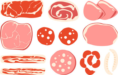 Meat products set. Cartoon fresh beef pork chicken meat clipart, sausages bacon jamon salami ham, ingredients for barbecue cooking isolated on transparent background © Yelyzaveta