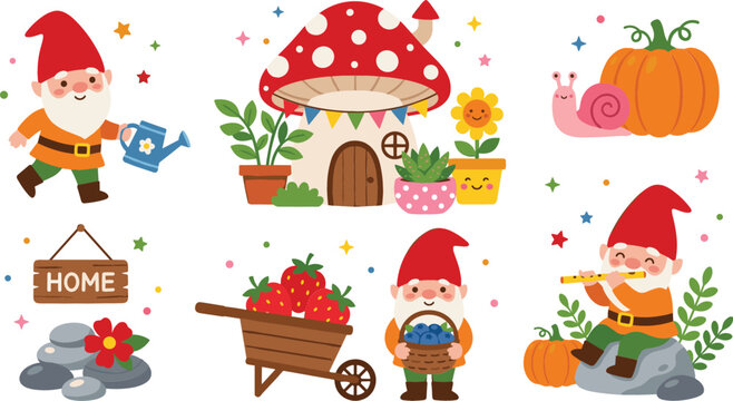 Cute garden gnome vector illustration character set with mushroom house, funny dwarfs gardening, wheelbarrow with strawberries, pumpkin, and snail isolated on white background.