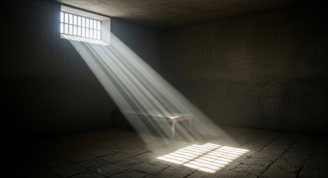 Empty prison cell with dramatic light streaming through a barred window
