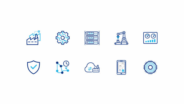 Blue technology icons on white background digital symbols illustrations tech graphic
