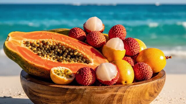 Wooden bowl with papaya and lychee on beach, blue sea in sunlight. Papaya focus reinforced through ripe papaya halves and papaya seeds for food marketing, wellness content