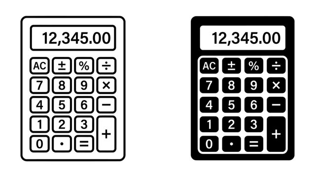 Two Calculators, One White and One Black: Two digital calculators, one outlined in white and the other filled in black, both displaying the number 12,345.00, are shown side by side.