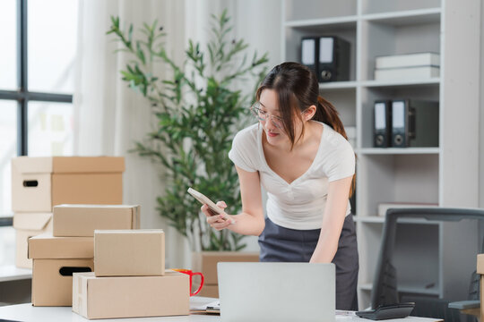 E-commerce Entrepreneur: A young woman manages her online business, surrounded by shipping boxes, a laptop, and a smartphone, diligently organizing her orders.