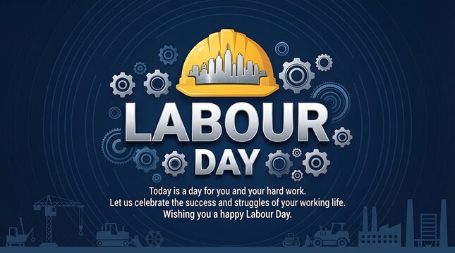 Labour day celebration construction worker helmet with gears and city skyline background for workers' rights